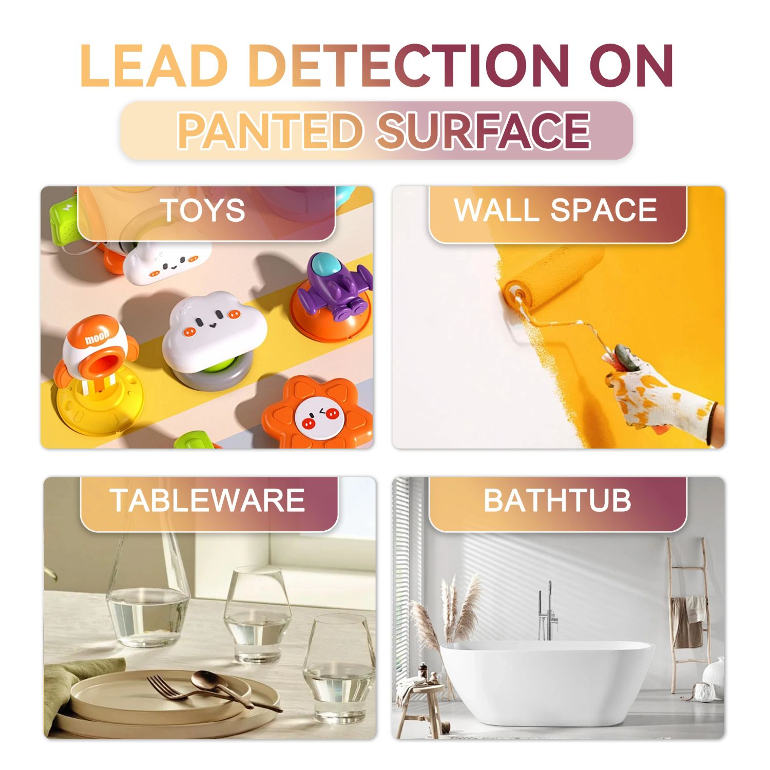 Lead detection on painted surfaces, toys, tableware and bathtubs